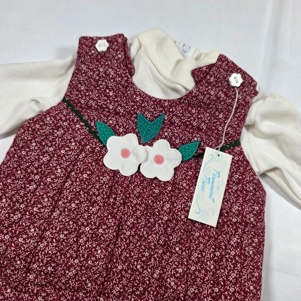 Vintage Baby Togs Baby Girl Burgundy Quilted Floral Jumper Set 12 Mo Cottagecore